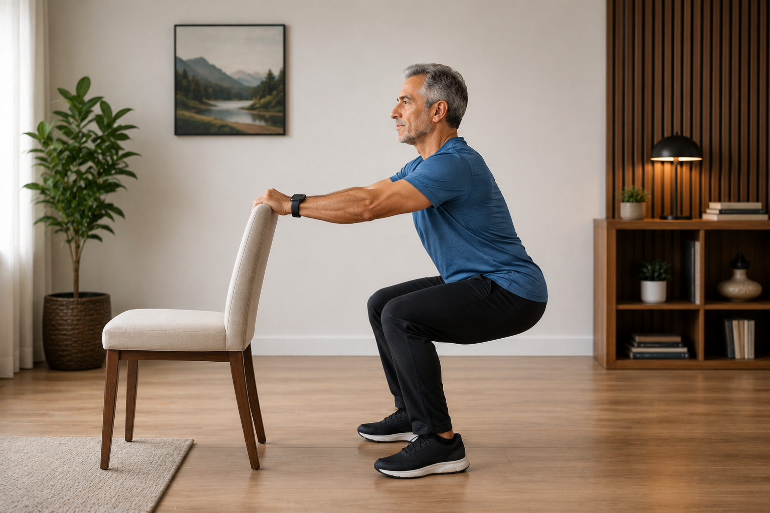 Adulte senior réalisant un squat au poids de corps